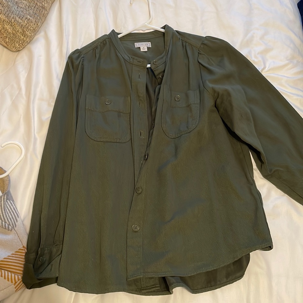 Green, button down shirt